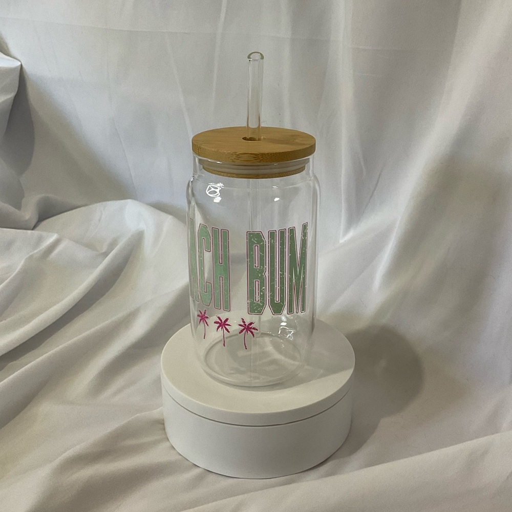 14 Ounce Handmade Glass Can Cup, Bamboo Lid & Straw, Beach Bum